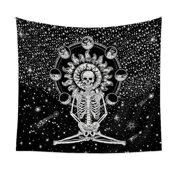 Skeleton Tapestries for Bedroom Aesthetic Black and White Skull Tapestry Wall Hanging Meditation Chakra Tapestry with Stars for Bedroom Home Wall Decor 28x37 